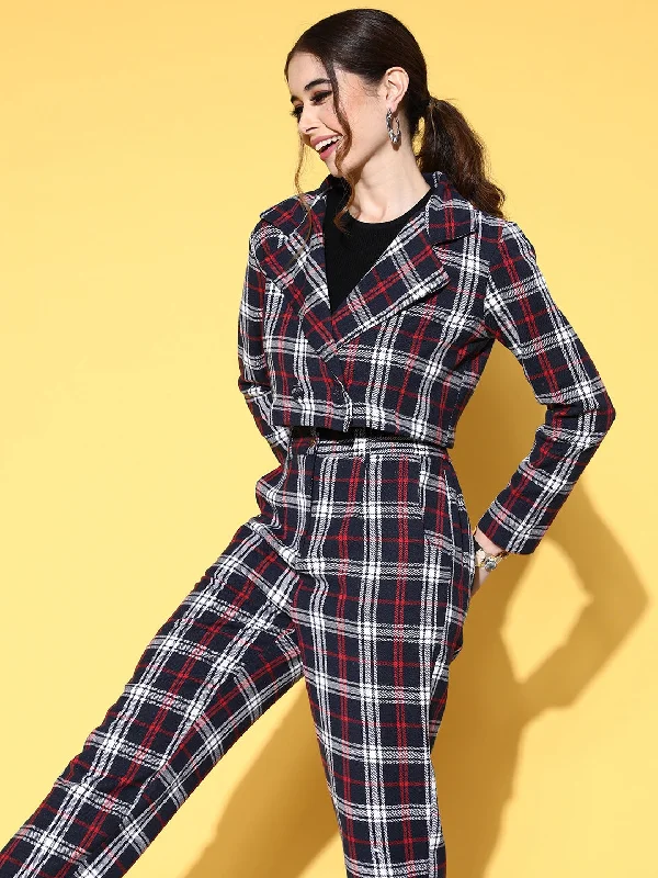 Women Navy Flannel Check Crop Blazer