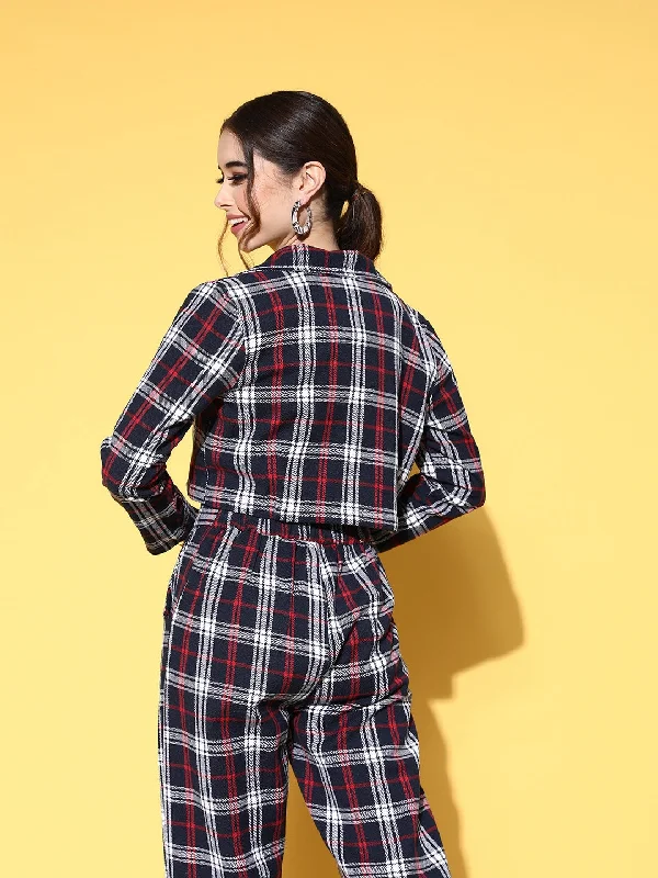 Women Navy Flannel Check Crop Blazer