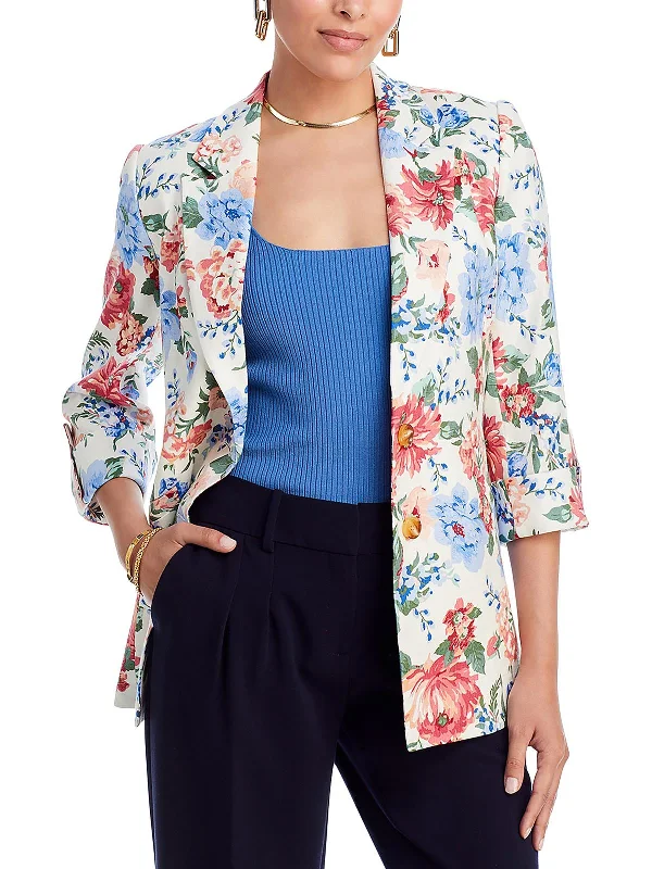 Womens Linen Floral Two-Button Blazer