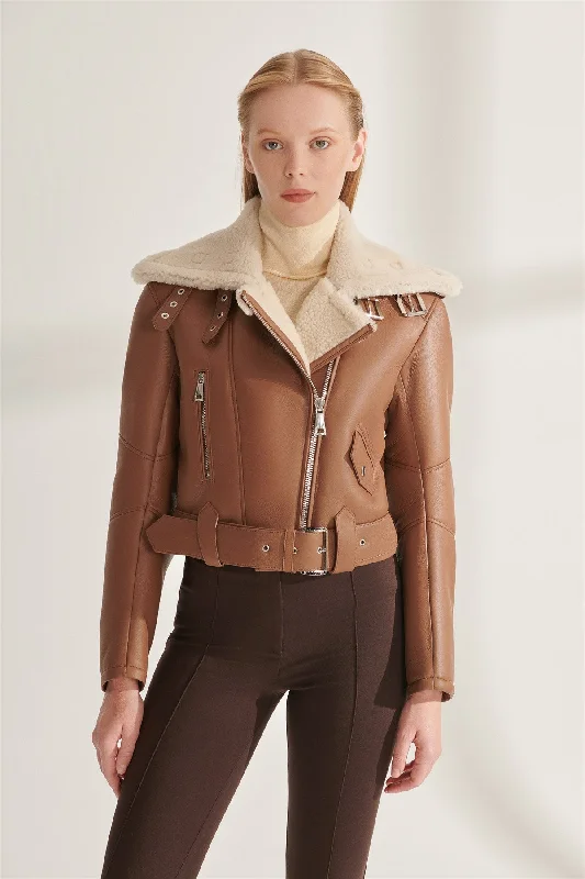 Women's Short Length Tan Shearling Leather Jacket