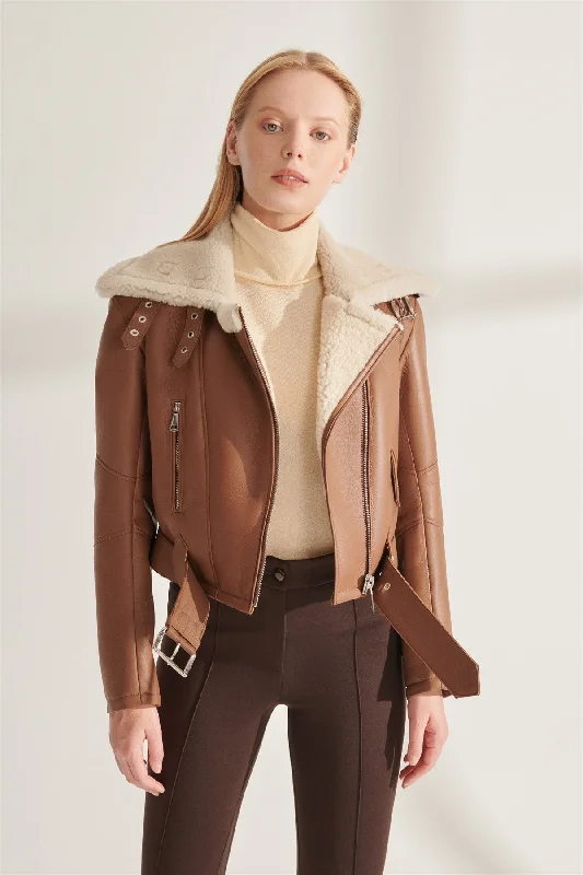 Women's Short Length Tan Shearling Leather Jacket