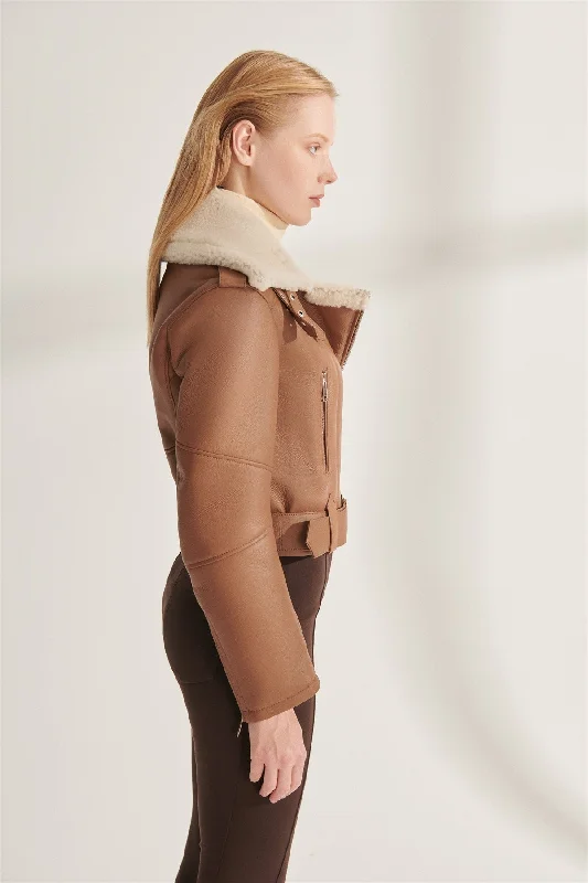 Women's Short Length Tan Shearling Leather Jacket