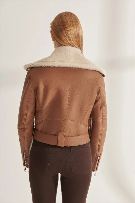 Women's Short Length Tan Shearling Leather Jacket