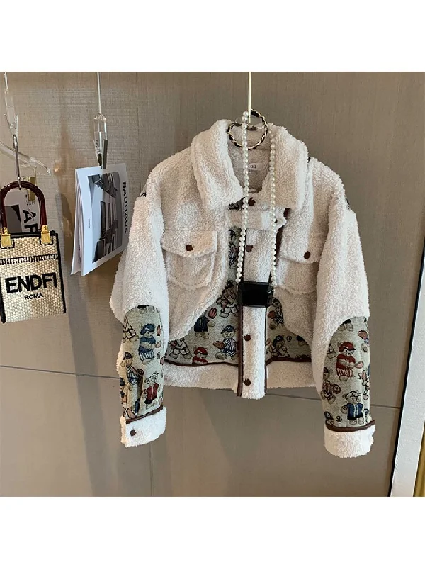 znbbw Winter Women Lamb Wool Coats Japanese Kawaii Harajuku Style Thickened Bear Printing Casual Oversized Female Coats