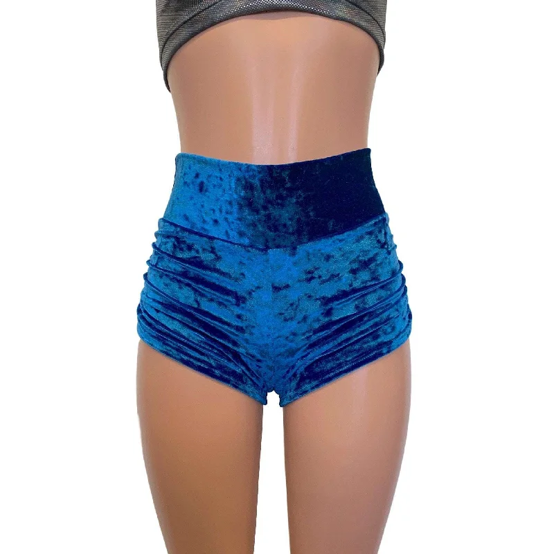 Ruched Booty Shorts - Blue Crushed Velvet Scrunch Shorts