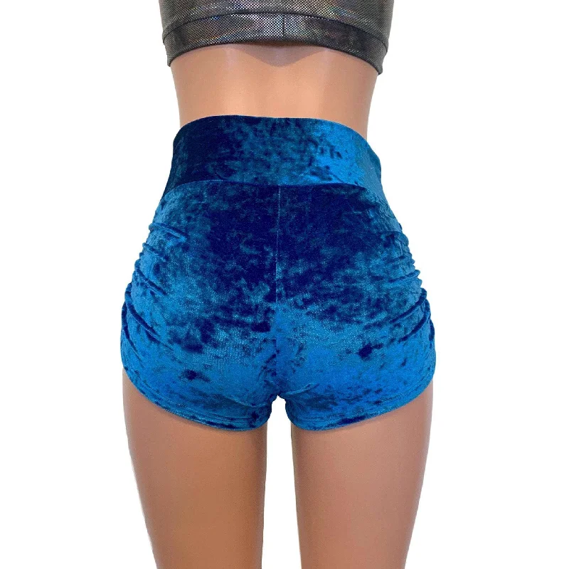 Ruched Booty Shorts - Blue Crushed Velvet Scrunch Shorts