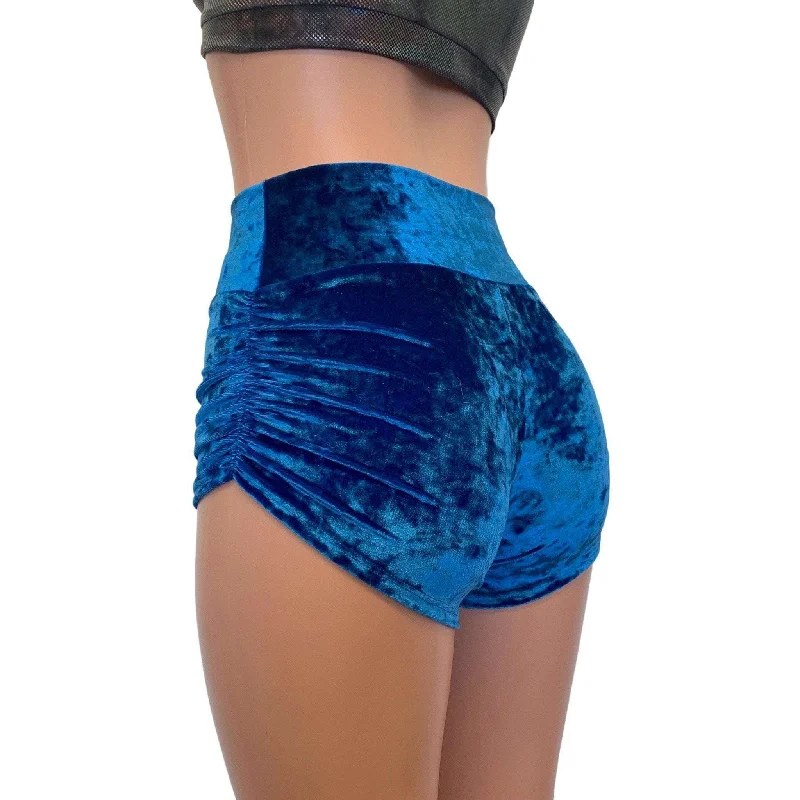 Ruched Booty Shorts - Blue Crushed Velvet Scrunch Shorts