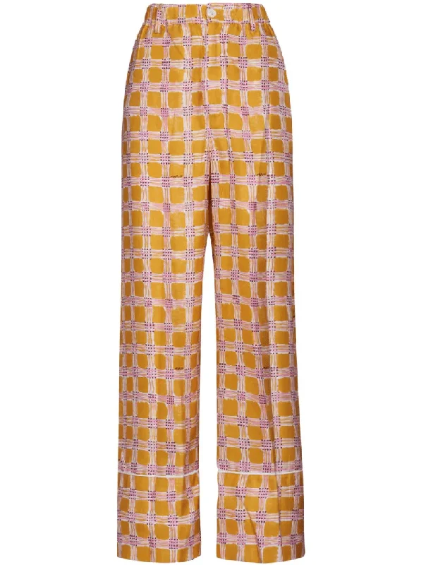 Check-print silk flared trousers