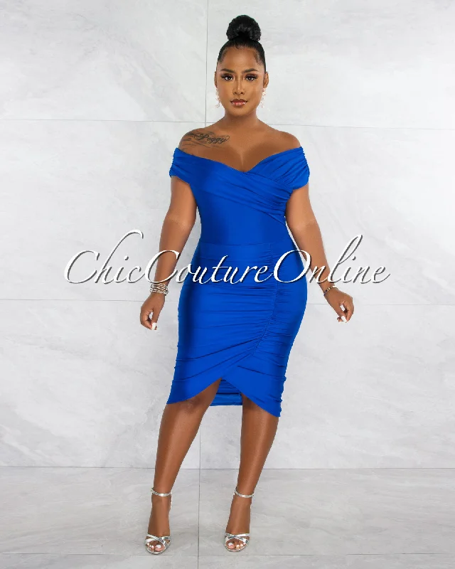 Gabbar Royal Blue Off-The Shoulders Ruched Midi Dress