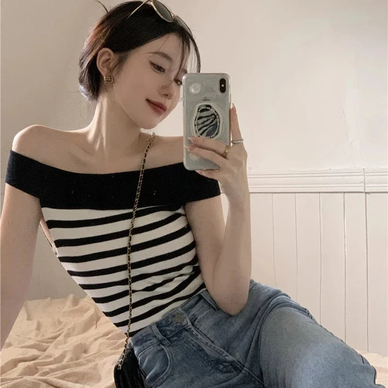 Lunivop Y2K Korean Crop Tops Women Knit Tops Contrast Stripe Boat Neck Off Shoulder Shirts Summer Slim Fit T-Shirts Tops Streetwear