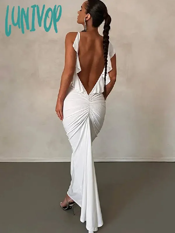 Lunivop Ruffles Backless Maxi Dress Women Sexy Spaghetti Strap Pleated  Club Hip Package Female Slip Dresses Spring Ladies Vestidos