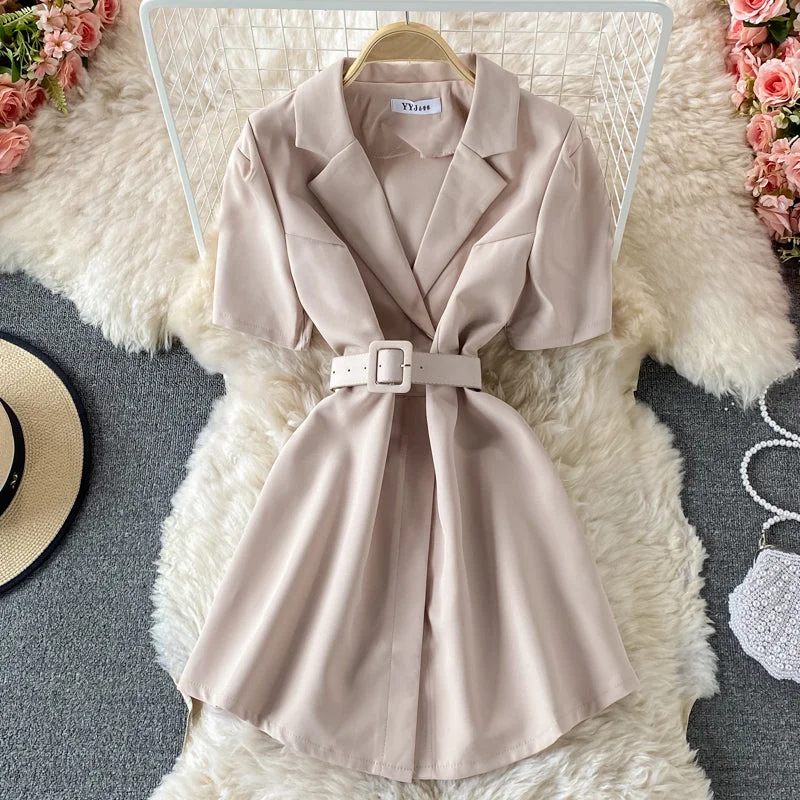 Slim waist, solid color short sleeve suit dress  3197