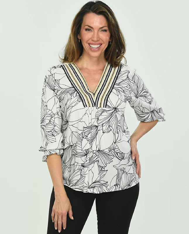 3/4 Sleeve Acadia Print V Neck Blouse