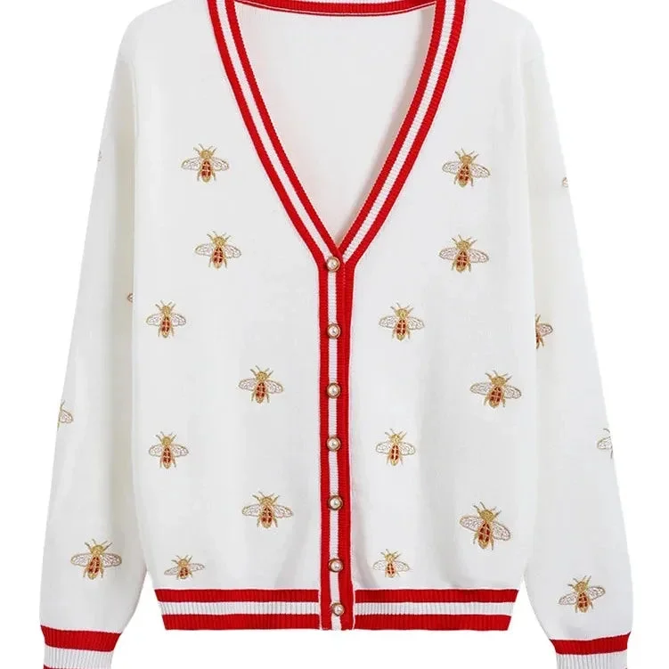 Bee Embroidery Cardigan Long Sleeve Single Breasted Contrast Color Button Knitte