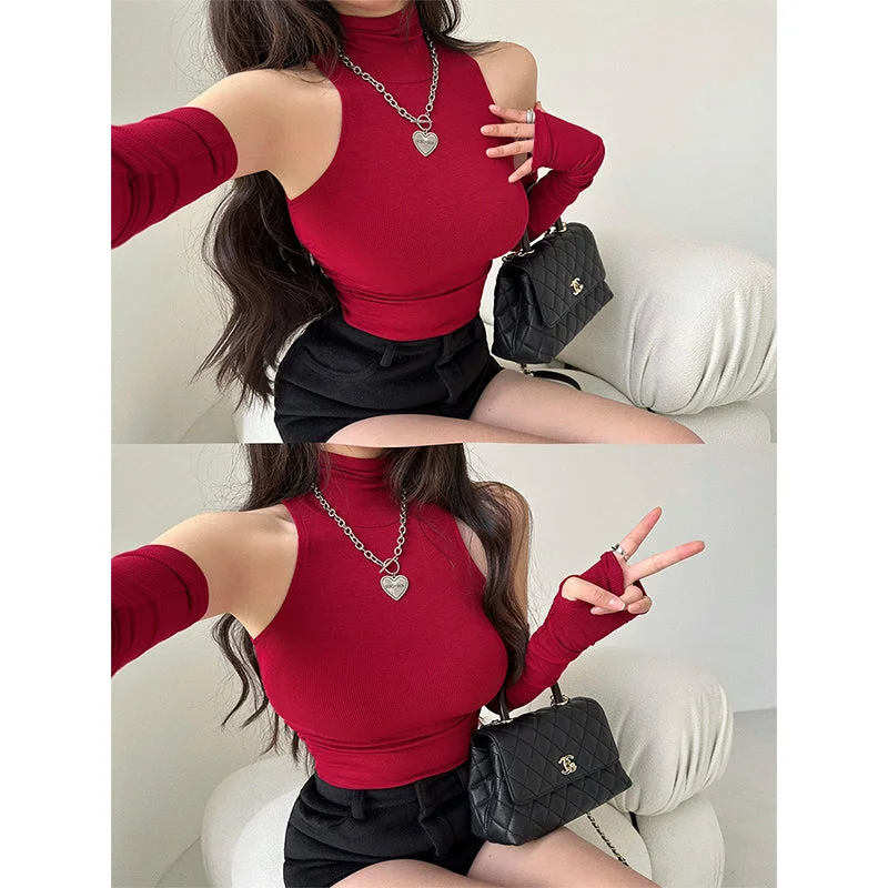 Hyolin Solid Color Sleeveless Turtleneck Gloved Slim Ruched Top