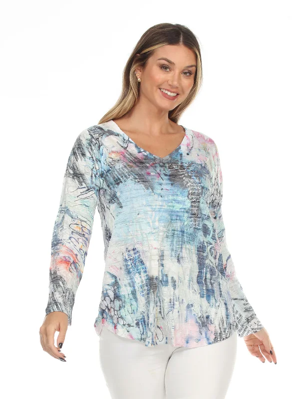 Women's Long Sleeve White/ Blue Multicolored V-Neck Top