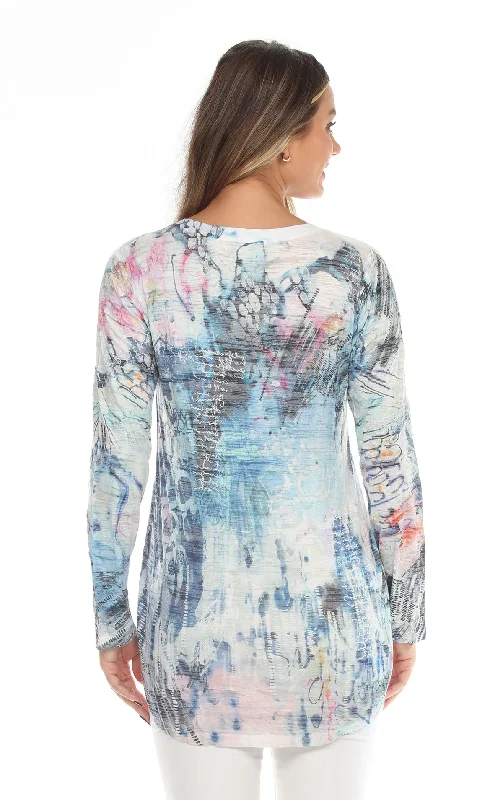 Women's Long Sleeve White/ Blue Multicolored V-Neck Top