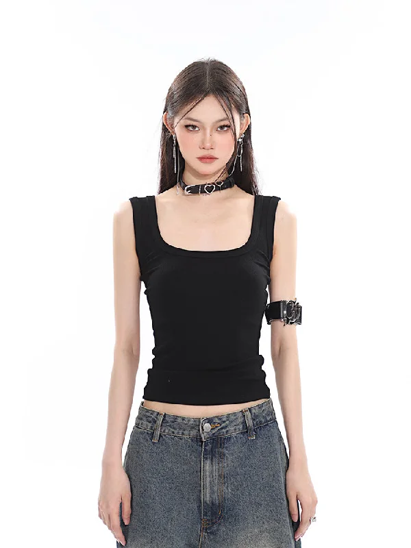 Jenny Solid Color Wide Strap Sleeve Slim Square Neck Camisole Top