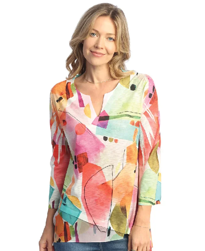 Jess & Jane 61-1906 -   Women's top -Chiffon Contrast Tunic Top  Multi color Slit neck