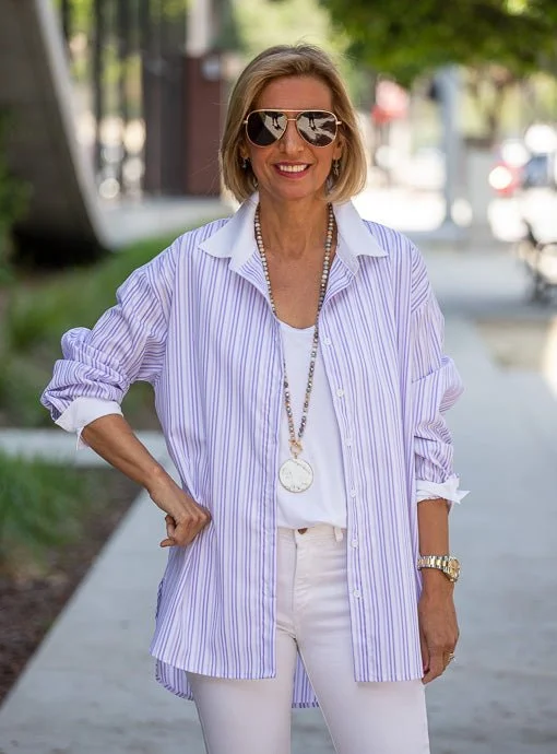 Lavender White Stripe Shirt With White Collar And Cuffs