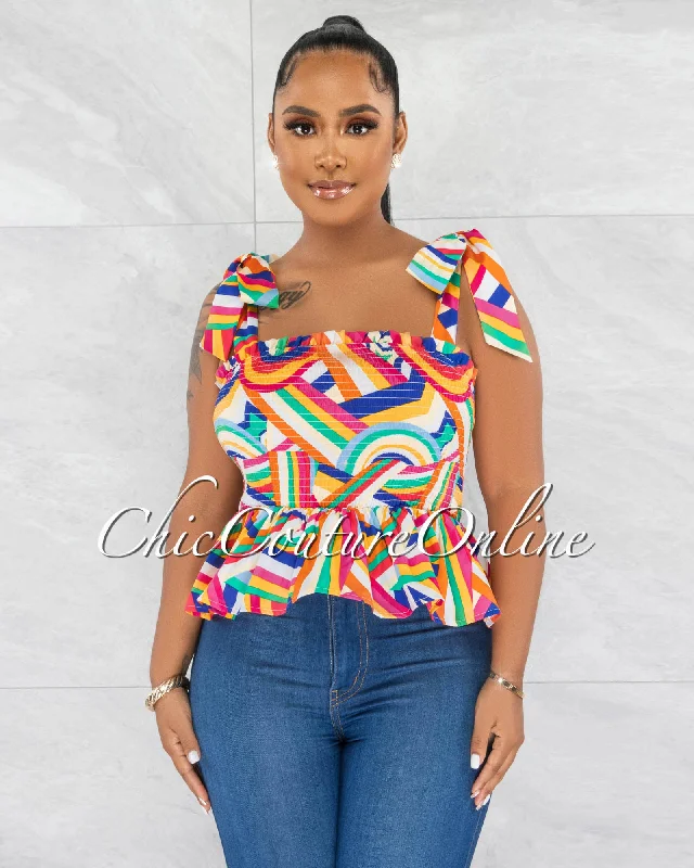 Lawson Multi-Color Print Smocked Ruffle Crop Top