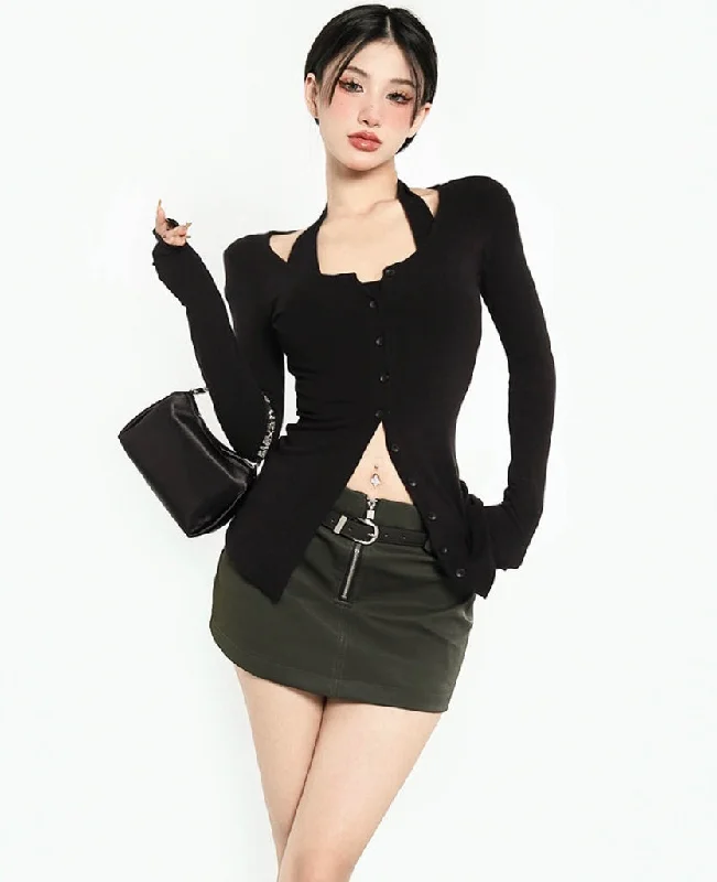 Paula Solid Color Black Halter Long Sleeve Button Up Top