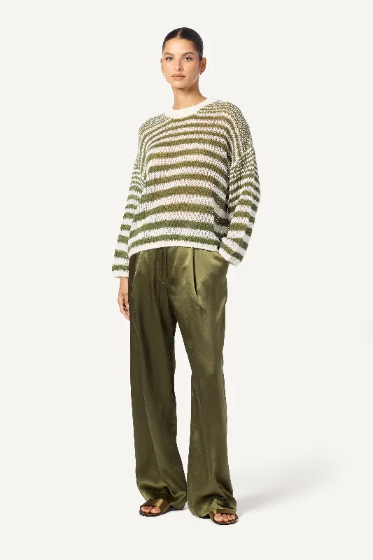 SHEYLA SLOUCHY OPEN KNIT STRIPPED CASHMERE PULLOVER CREWNECK STRIPED PULLOVER | OLIVE