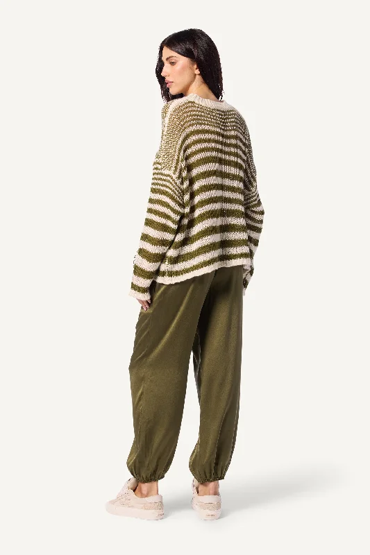 SHEYLA SLOUCHY OPEN KNIT STRIPPED CASHMERE PULLOVER CREWNECK STRIPED PULLOVER | OLIVE