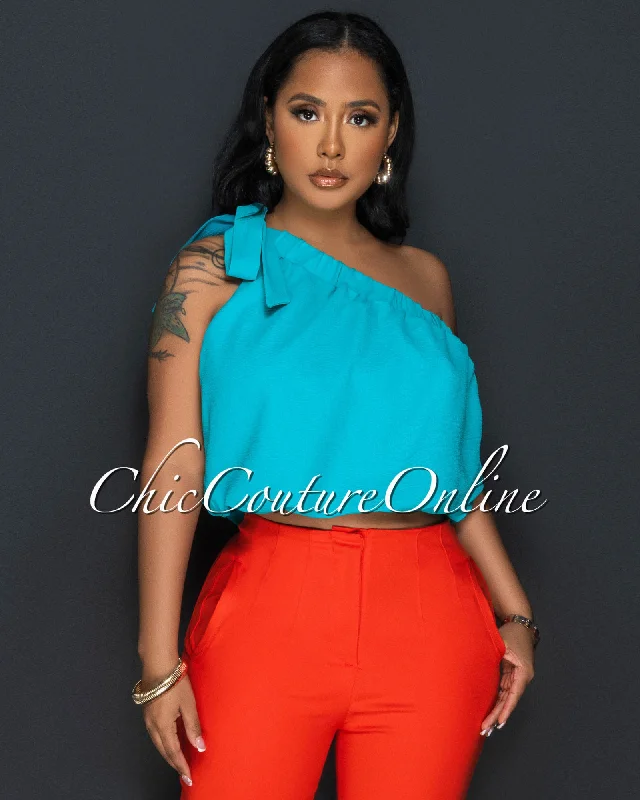 Taraz Teal Single Shoulder Crop Top