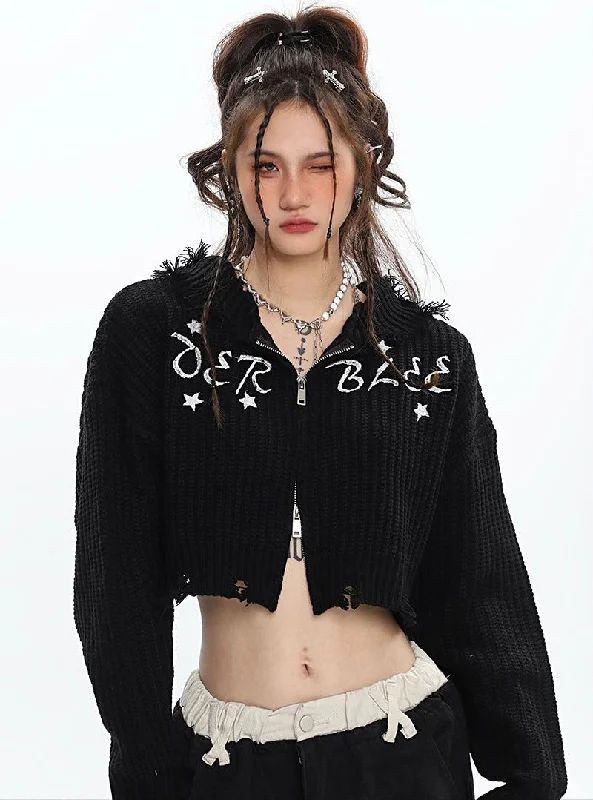 VERBLEE Letter Embroidery Solid Color Knitted Long Sleeve Zip Up Cropped Hooded Sweater Top