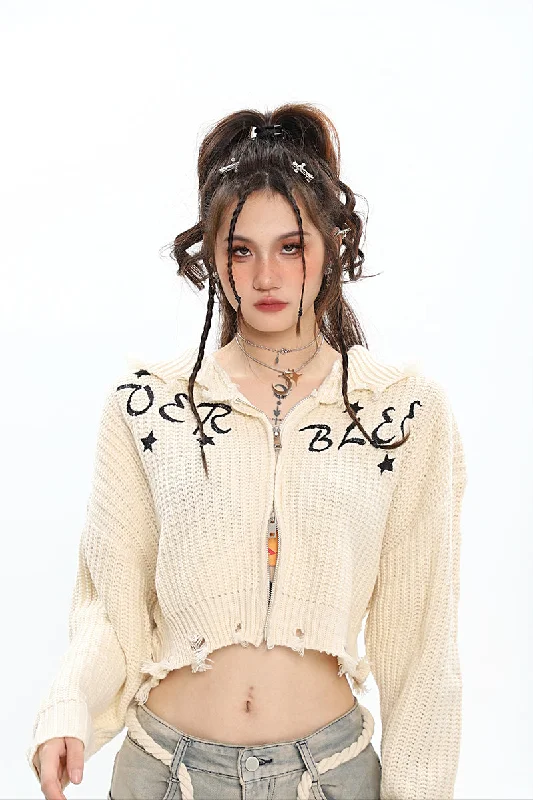 VERBLEE Letter Embroidery Solid Color Knitted Long Sleeve Zip Up Cropped Hooded Sweater Top