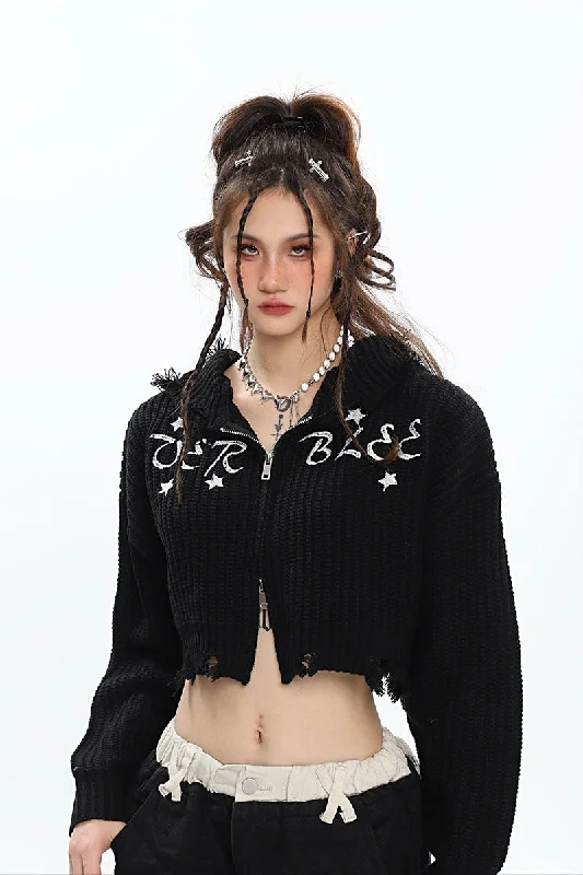 VERBLEE Letter Embroidery Solid Color Knitted Long Sleeve Zip Up Cropped Hooded Sweater Top