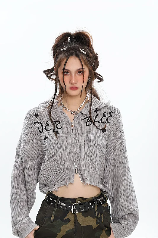 VERBLEE Letter Embroidery Solid Color Knitted Long Sleeve Zip Up Cropped Hooded Sweater Top