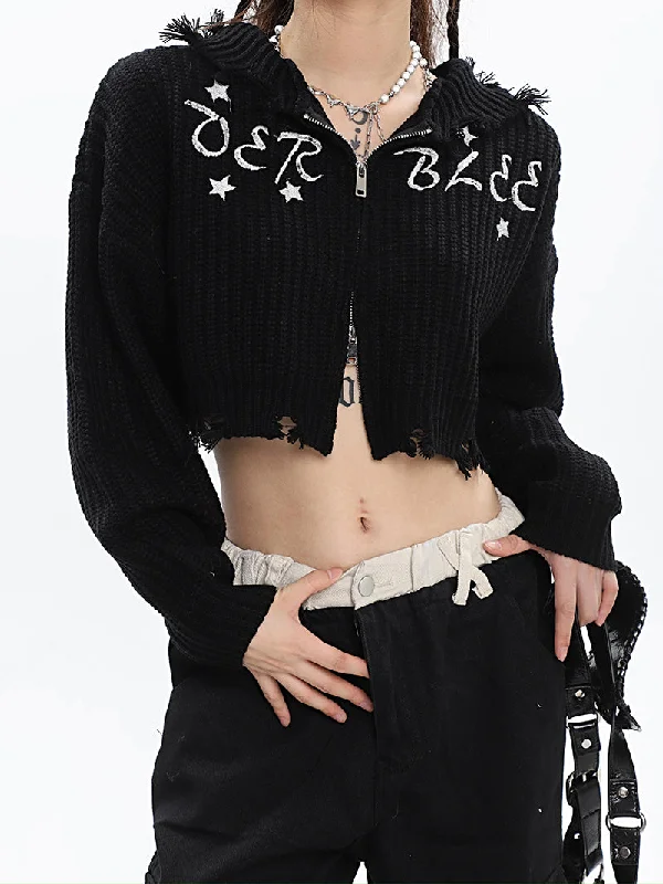 VERBLEE Letter Embroidery Solid Color Knitted Long Sleeve Zip Up Cropped Hooded Sweater Top