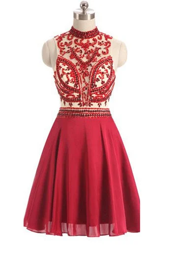 High Neck open-back Beaded Sexy Short Red Keyhole Back Homecoming Dress OK277