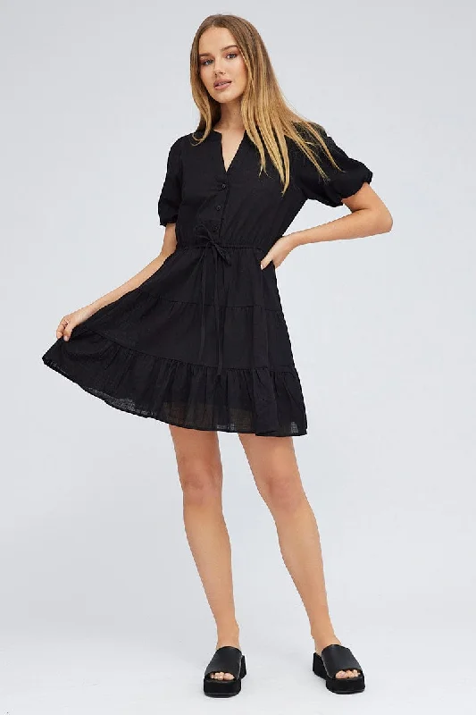 Black Shirt Dress Short Sleeve Tiered