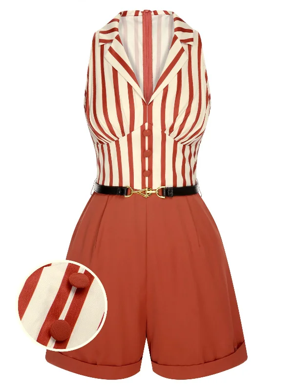 Brick Red 1940s Striped Lapel Romper