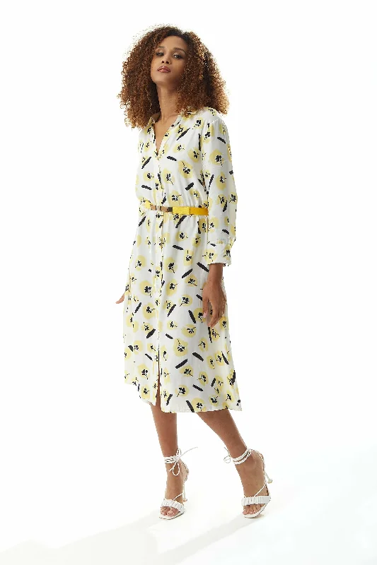 Liquorish Yellow Floral Midi Shirt Dress In White With Belt