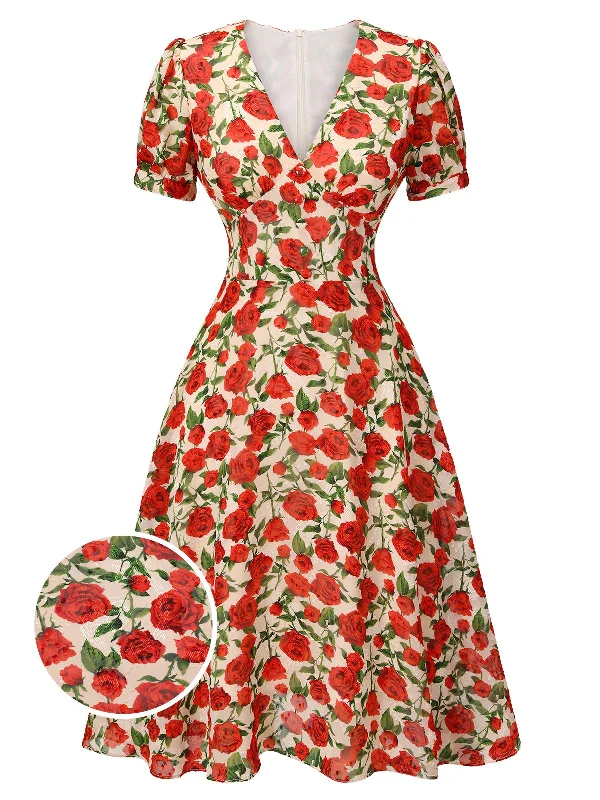 Red 1940s Rose V-Neck Swing Dress