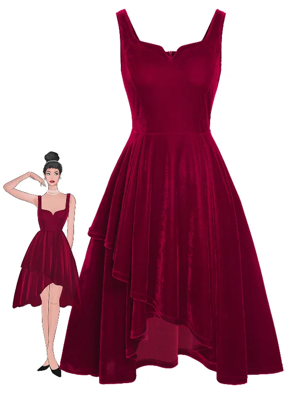 Red 1950s Sweetheart Collar Velvet Strap Dress