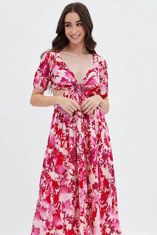 Red Floral Cutout Midi Dress