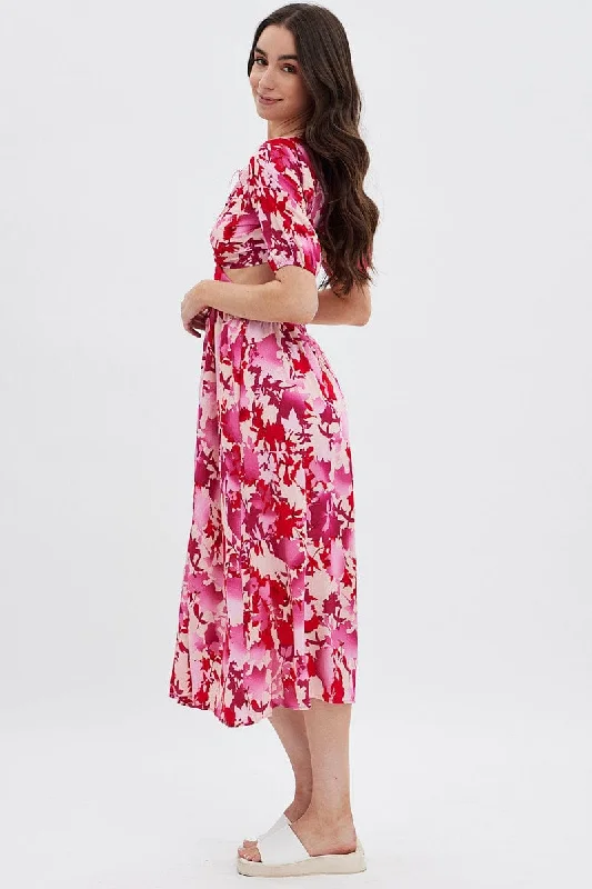 Red Floral Cutout Midi Dress