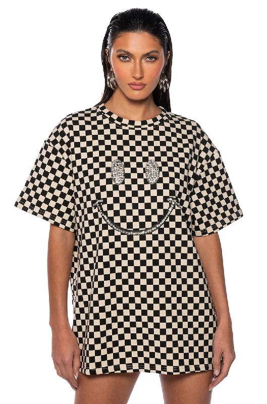 RHINESTONE SMILEY FACE OVERSIZED CHECKERED TSHIRT