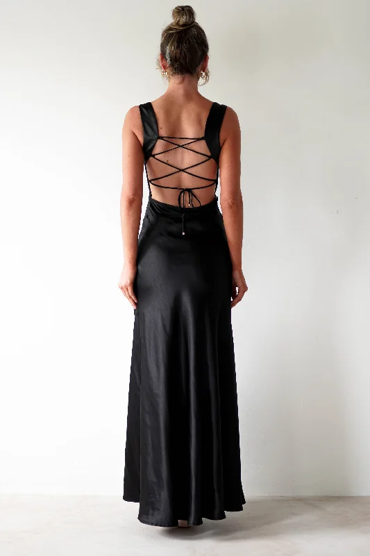 Riviera Soft Satin Maxi Gown | Black