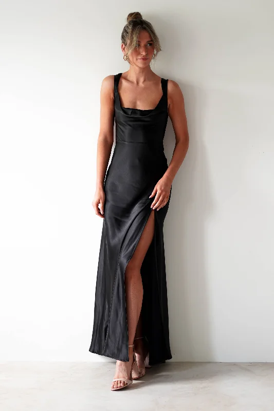 Riviera Soft Satin Maxi Gown | Black