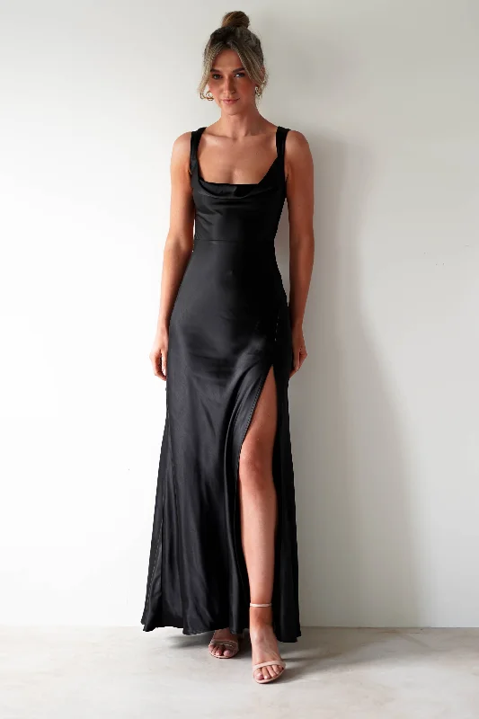 Riviera Soft Satin Maxi Gown | Black