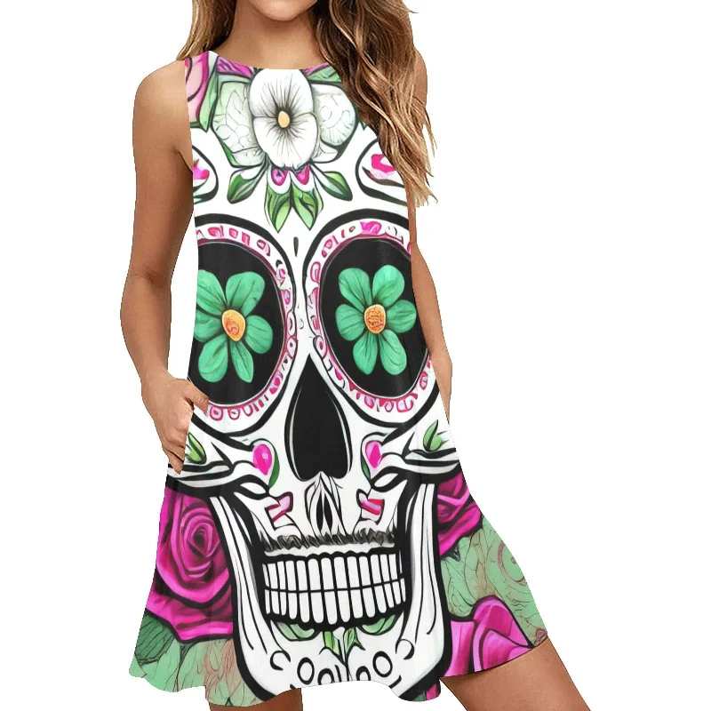 Skull Pink Floral Loose Women's Sleeveless A-Line Pocket Dress