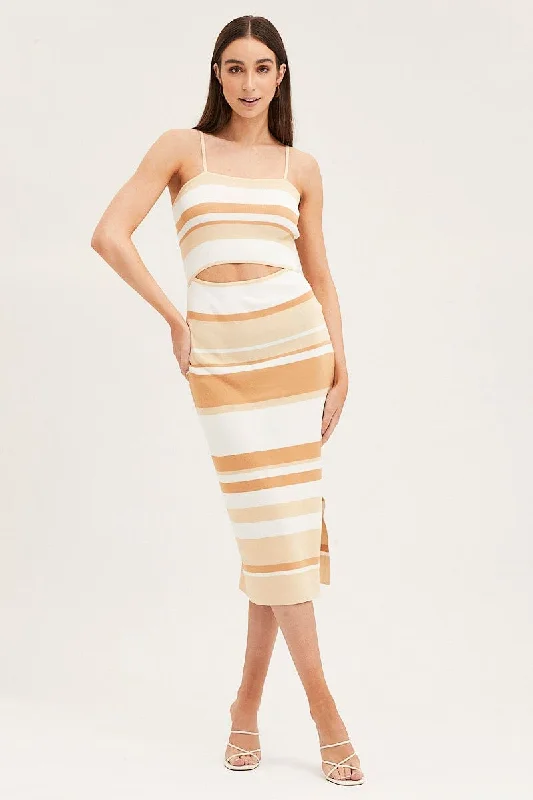 Stripe Midi Dress Sleeveless Cut Out Square Neck