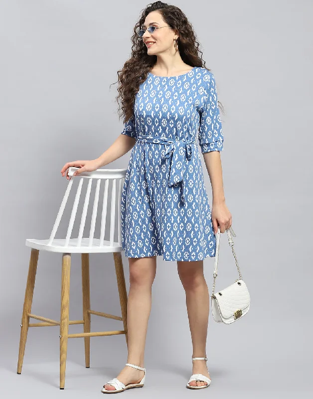 Women Blue Printed Round Neck Short Sleeve Dress