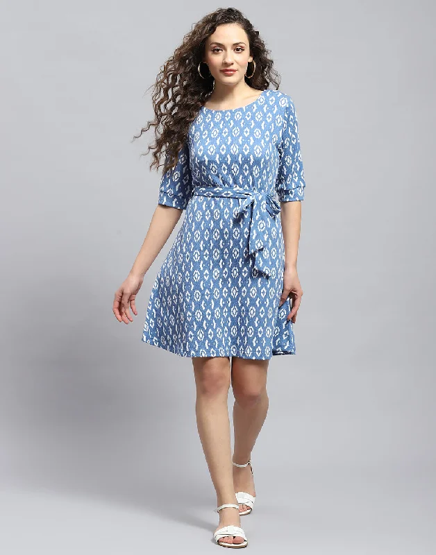 Women Blue Printed Round Neck Short Sleeve Dress